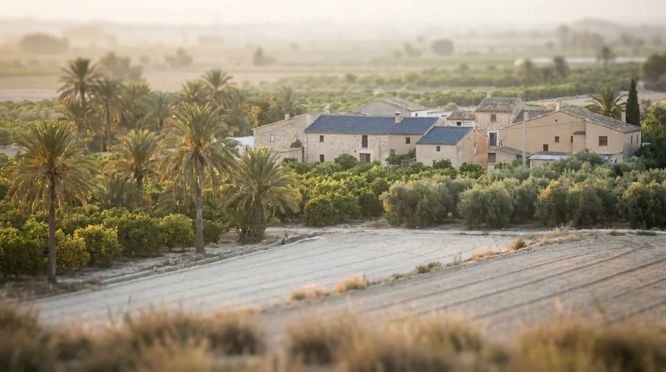 Pueblo pequeño entre campos de regadío y palmeras